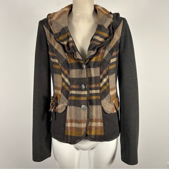 ❤️ CRiSCA Plaid wool blend Women's Jacket with Ruffle Collar 6 - Picture 2 of 10